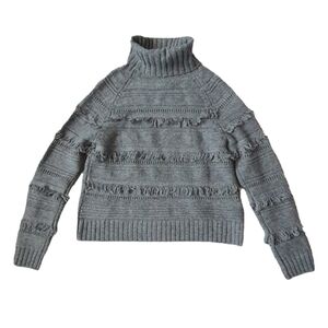 Brown Allan Merino Wool Cashmere Knit Sweater, Crop, Turtleneck, Fringe, XS